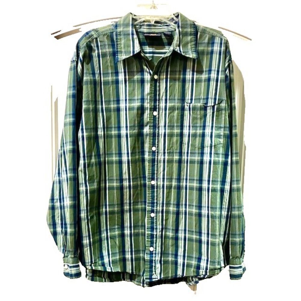 Route 66 Original Clothing Button Up Shirt Mens 2XL Green Blue Plaid 100% Cotton